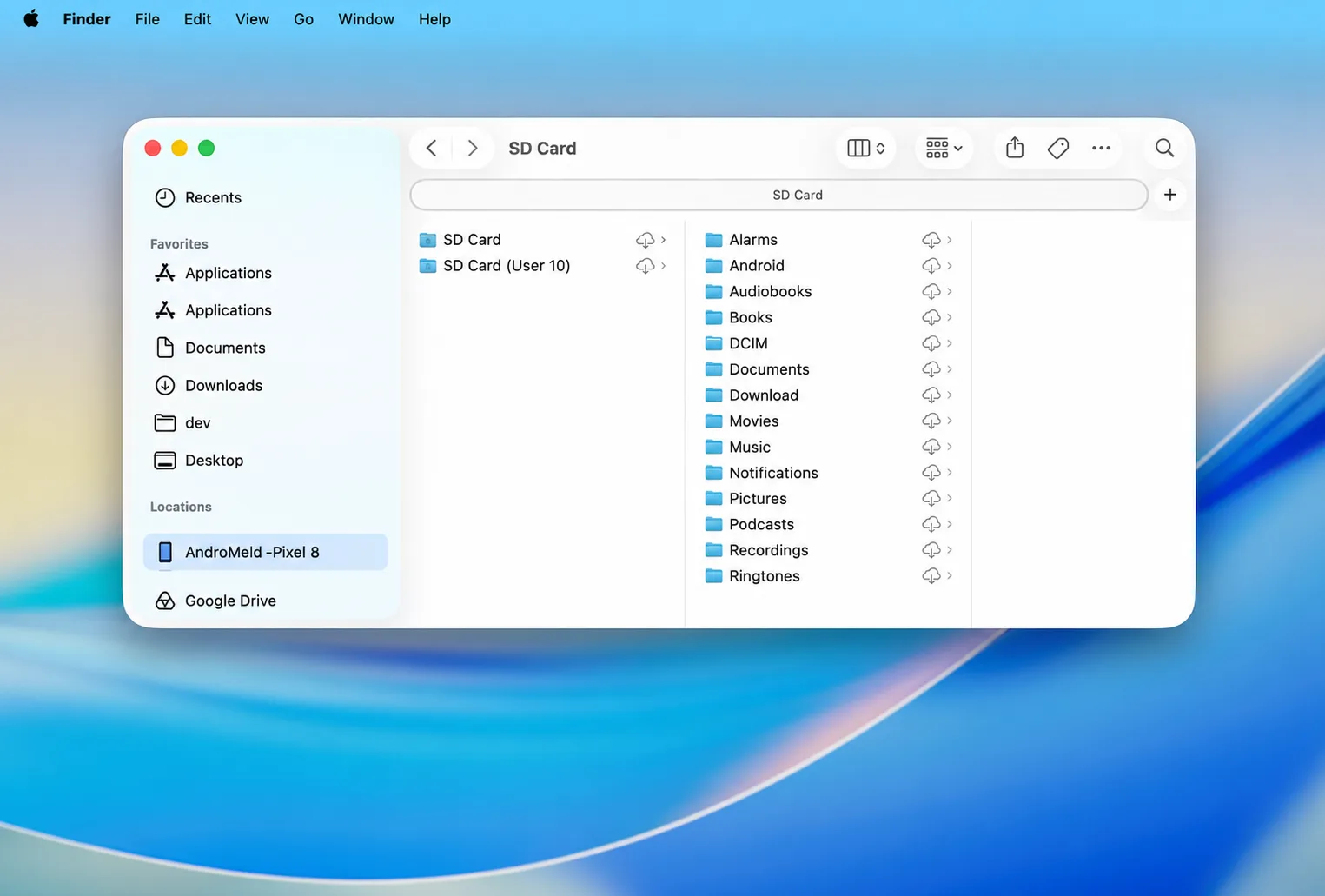 Android phone storage mounted in the Finder sidebar