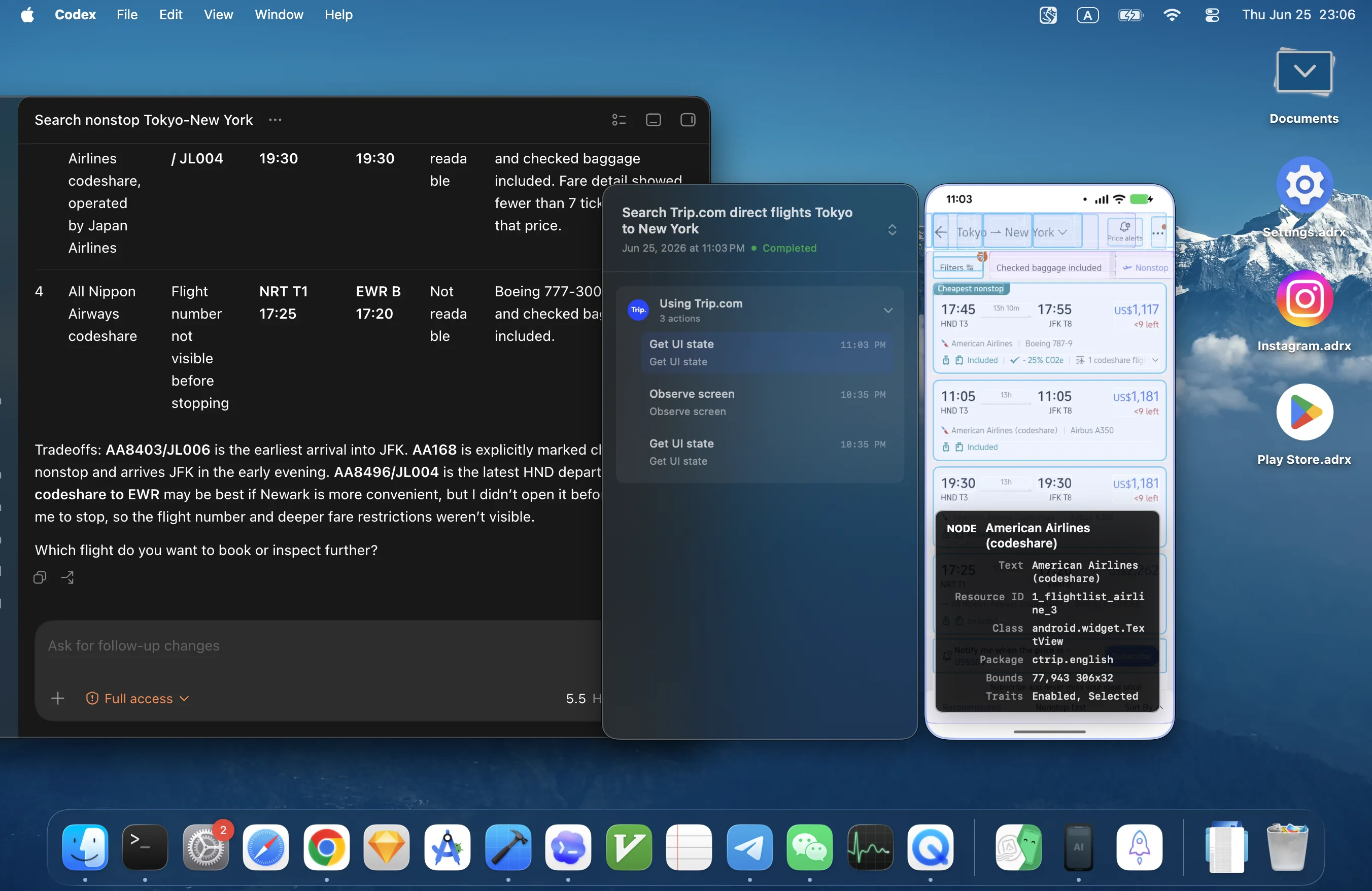 An AI agent searching for flights by operating an Android phone through AndroMeld